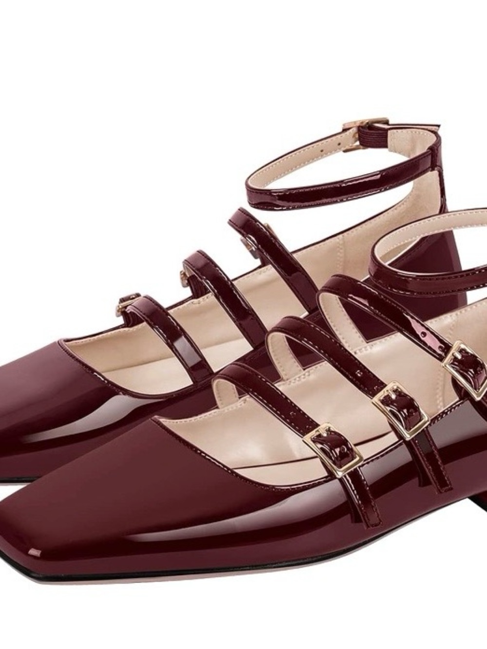 Women's Patent Triple-Strap Mary Jane Flats in Burgundy